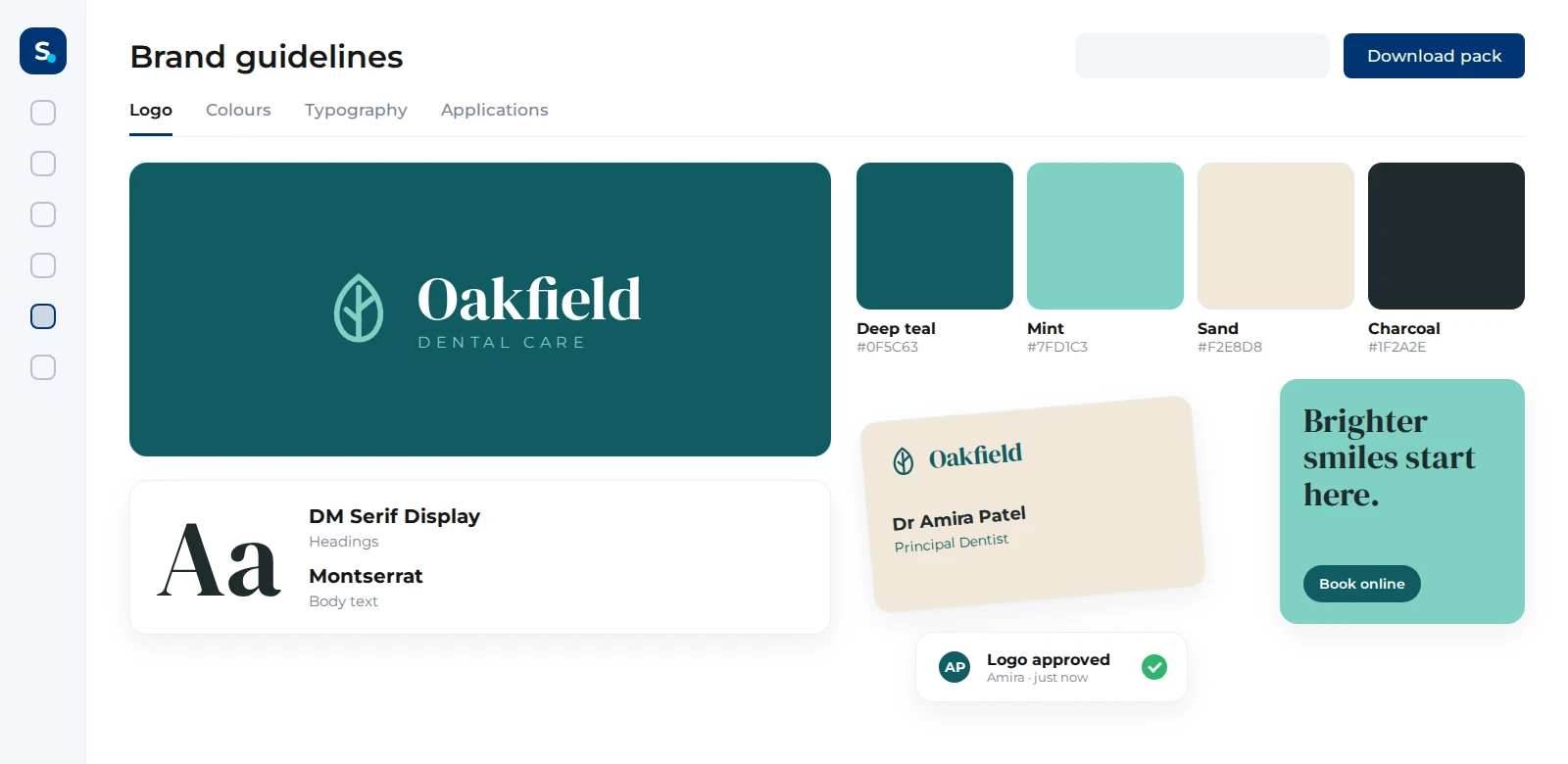 Brand guidelines showing a logo, colour palette, typography and business card