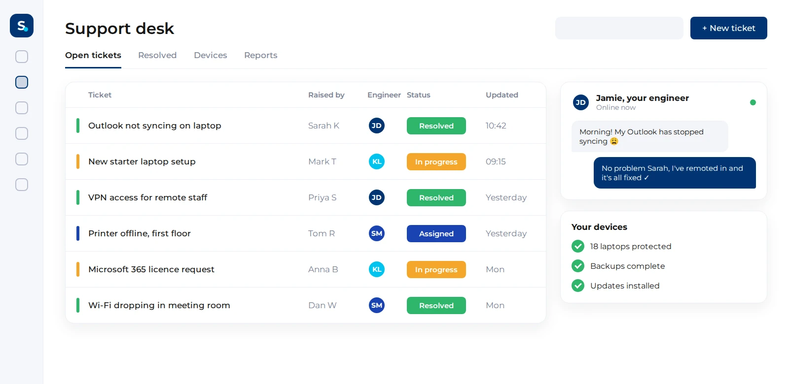 Stradcom support desk showing tickets and live chat with an engineer