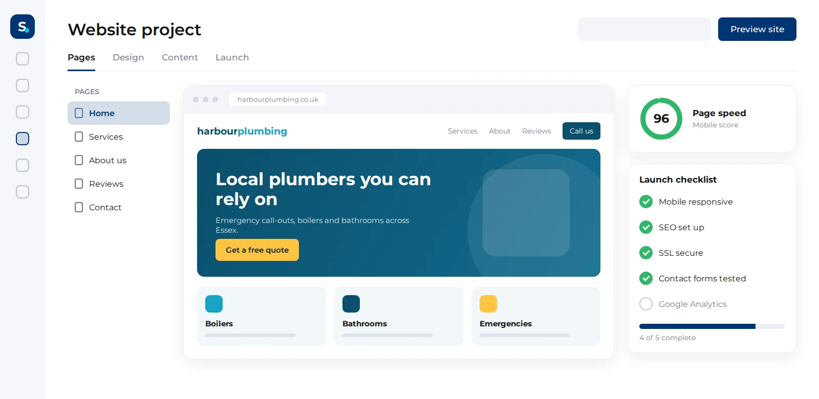 Website project view with page preview, page speed score and launch checklist